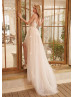 V Neck Beaded Lace Tulle Slit Wedding Dress